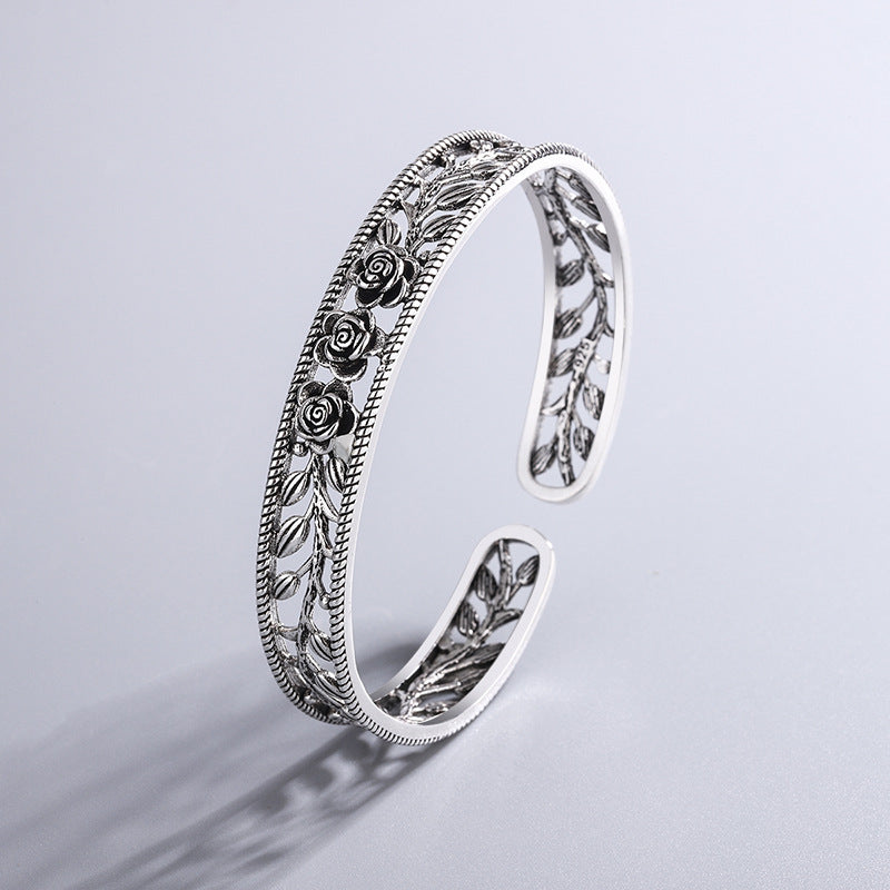 Bracelet Argent Thaï — Motif Rose & Feuilles Ajourées — Élégance Féminine