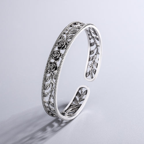 Bracelet Argent Thaï — Motif Rose & Feuilles Ajourées — Élégance Féminine