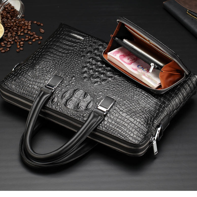 Sac Business Homme Cuir PU Texture Croco — Noir, Bleu & Marron