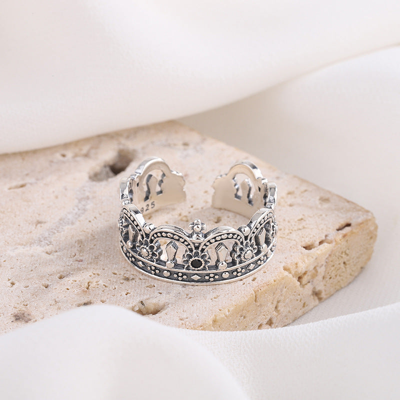 Bague Couronne Argent Massif 925 Thaï — Style Rétro Heavy Industry — Ajustable