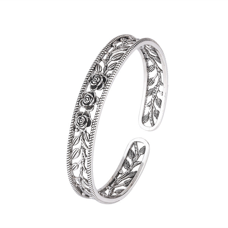 Bracelet Argent Thaï — Motif Rose & Feuilles Ajourées — Élégance Féminine