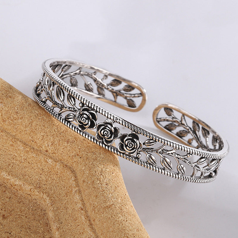Bracelet Argent Thaï — Motif Rose & Feuilles Ajourées — Élégance Féminine
