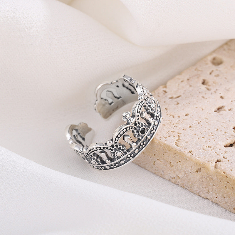 Bague Couronne Argent Massif 925 Thaï — Style Rétro Heavy Industry — Ajustable
