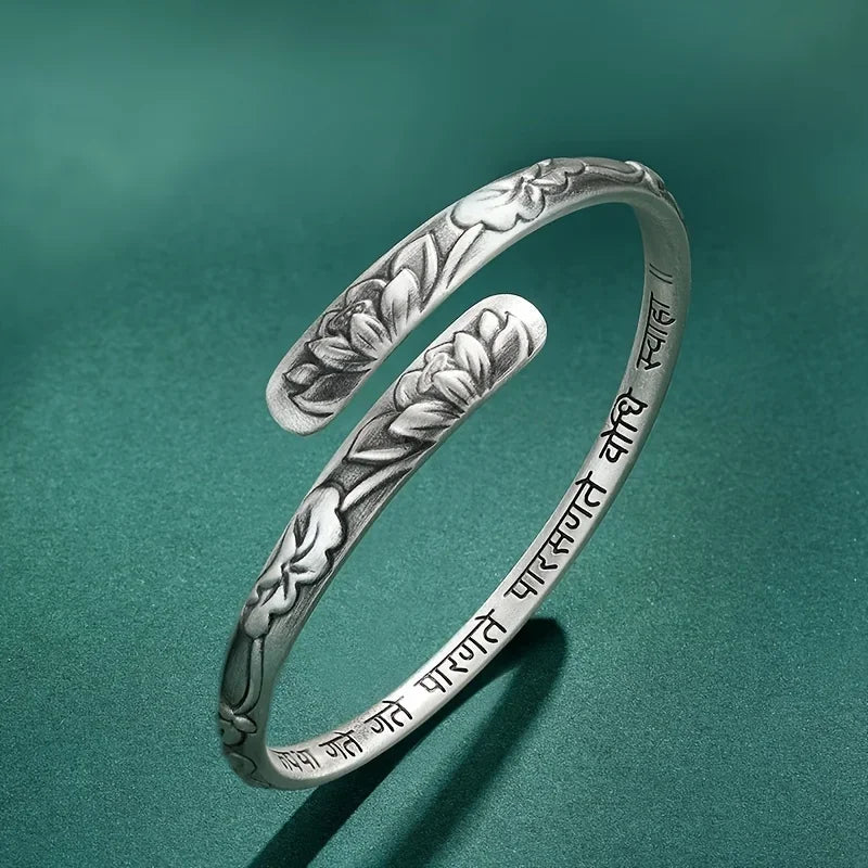 Bracelet Manchette Lotus Argent 925 Thaï — Vintage Ajustable — Fleur & Gravures