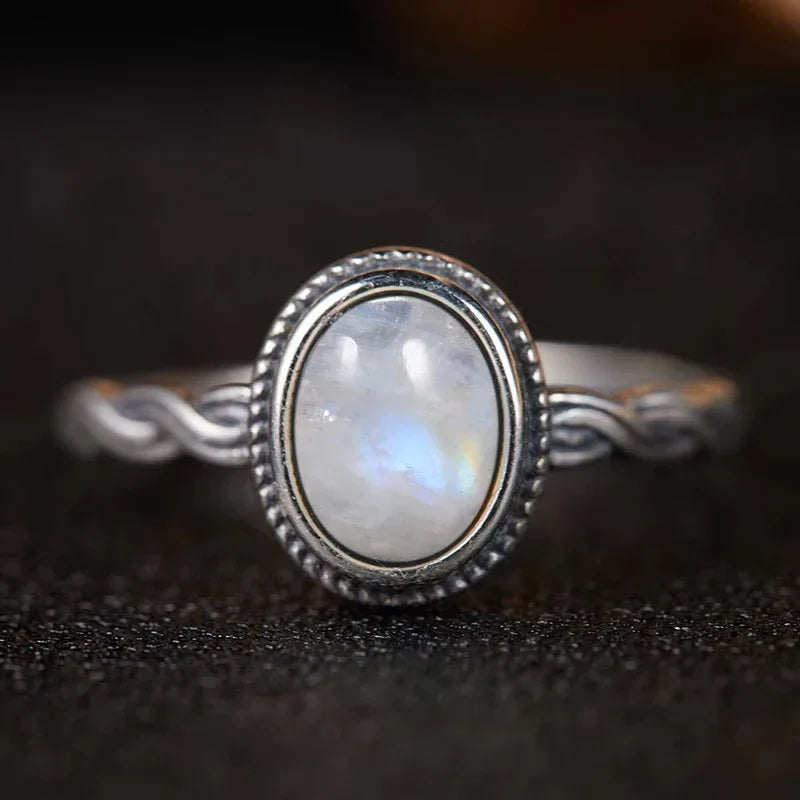 Bague Argent 925 Pierre de Lune Naturelle & Onyx — Vintage Torsadée Thaïe — Tailles 6 à 10