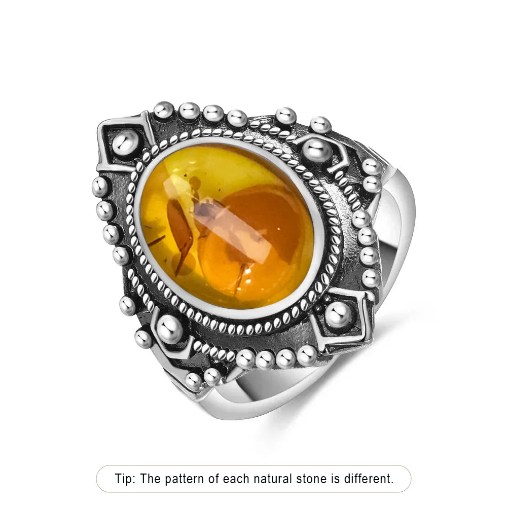 Bague Fleur Vintage Argent Sterling 925 & Pierre d'Ambre Naturelle — Tailles 6 à 10