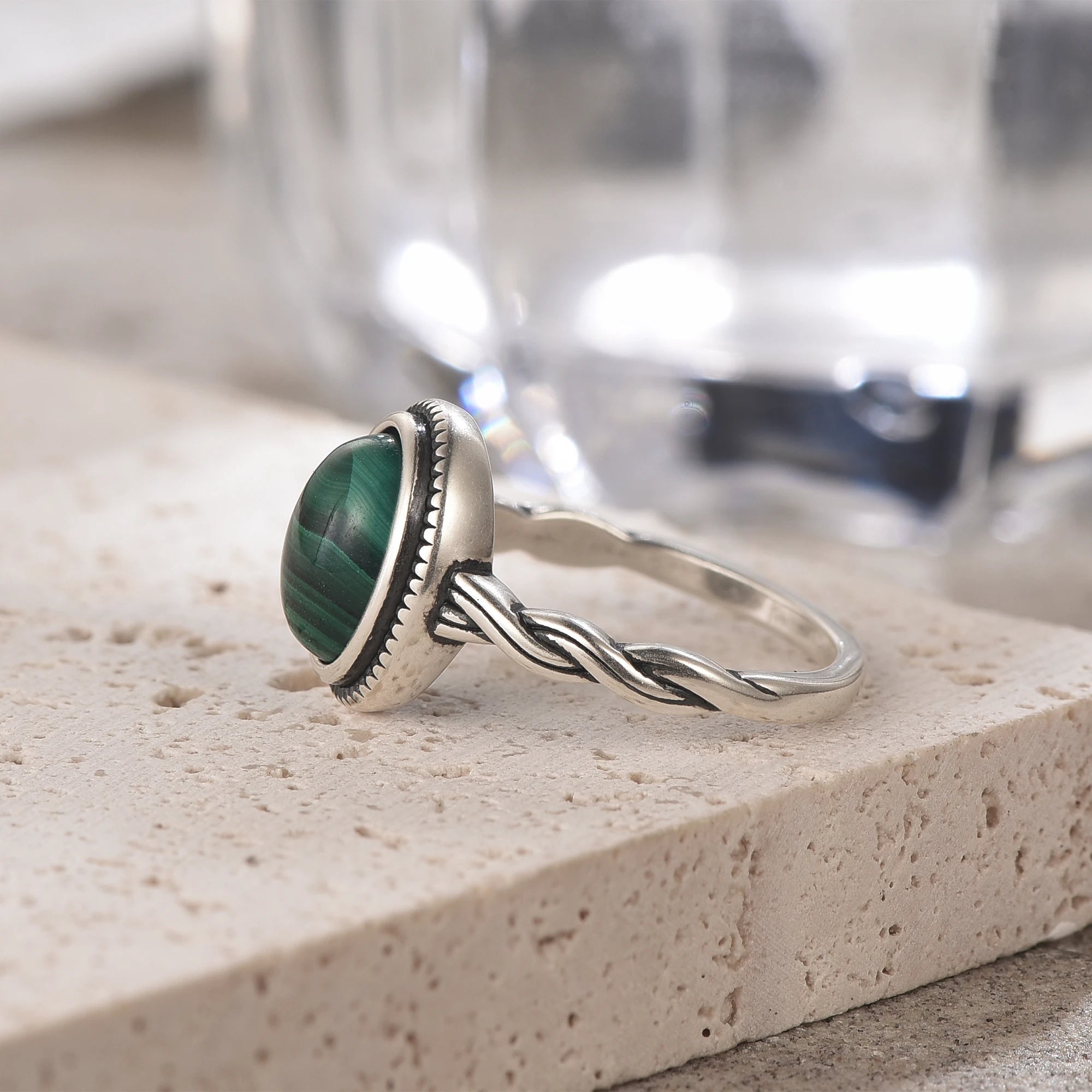 Bague Argent 925 Pierre de Lune Naturelle & Onyx — Vintage Torsadée Thaïe — Tailles 6 à 10