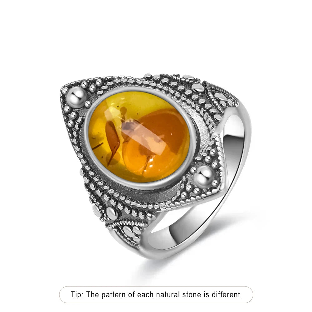 Bague Fleur Vintage Argent Sterling 925 & Pierre d'Ambre Naturelle — Tailles 6 à 10