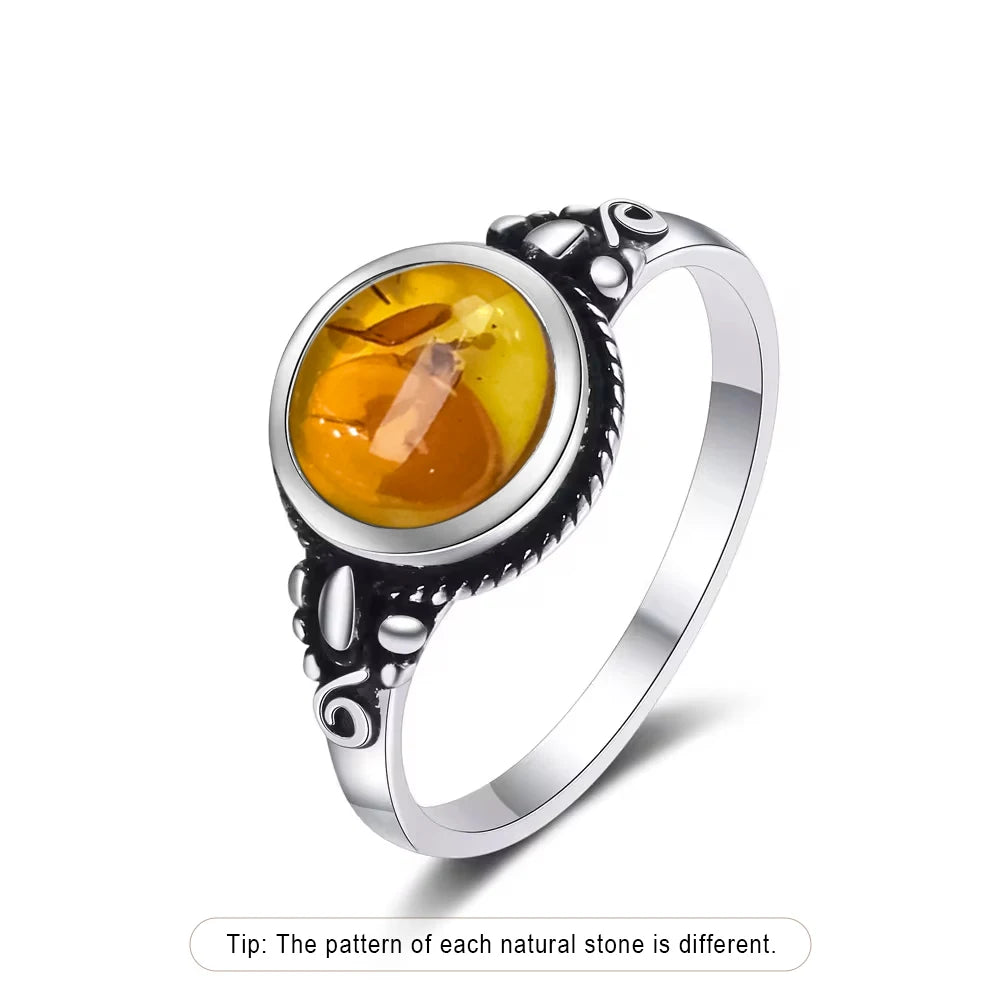Bague Fleur Vintage Argent Sterling 925 & Pierre d'Ambre Naturelle — Tailles 6 à 10