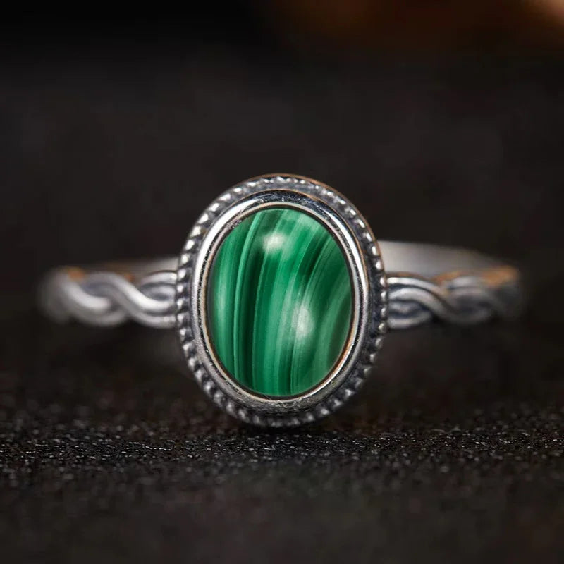 Bague Argent 925 Pierre de Lune Naturelle & Onyx — Vintage Torsadée Thaïe — Tailles 6 à 10