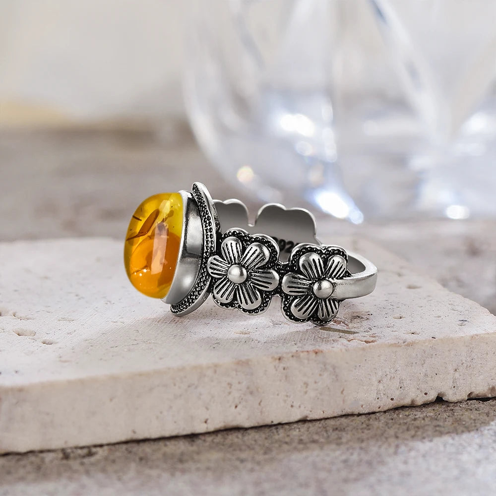 Bague Fleur Vintage Argent Sterling 925 & Pierre d'Ambre Naturelle — Tailles 6 à 10