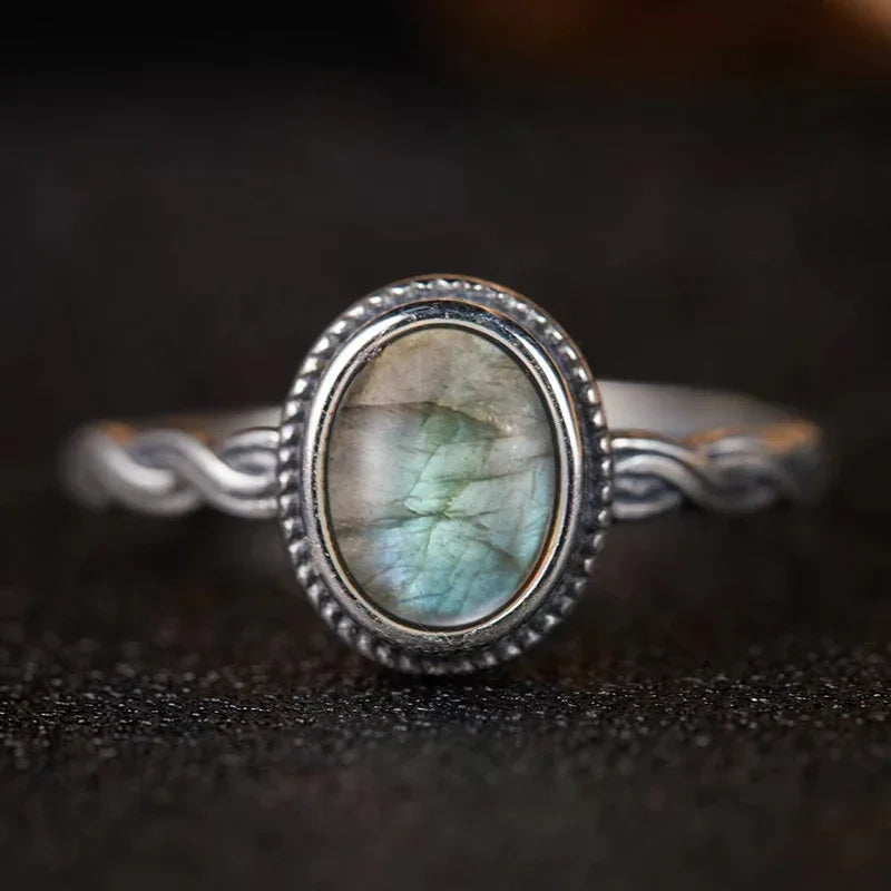 Bague Argent 925 Pierre de Lune Naturelle & Onyx — Vintage Torsadée Thaïe — Tailles 6 à 10