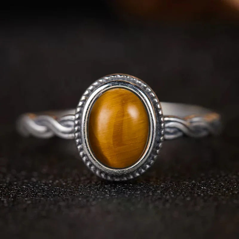 Bague Argent 925 Pierre de Lune Naturelle & Onyx — Vintage Torsadée Thaïe — Tailles 6 à 10