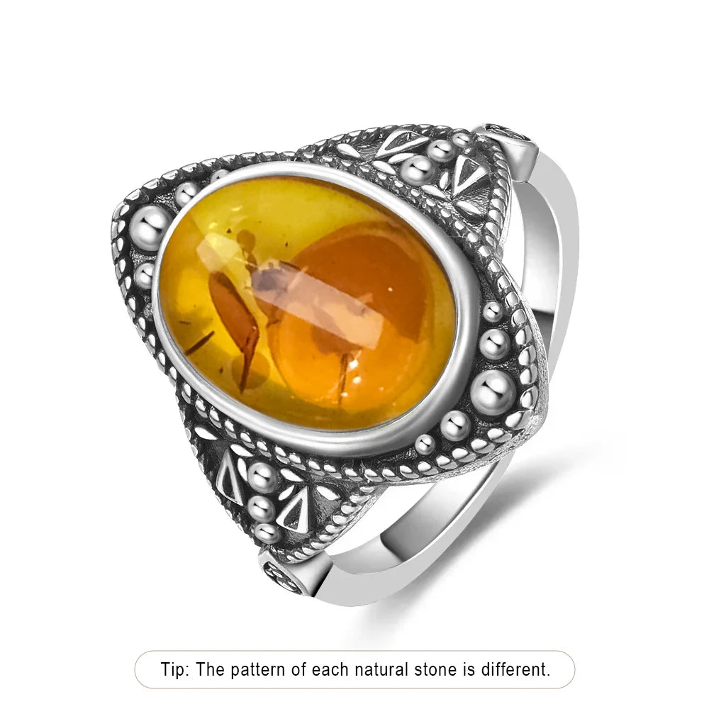 Bague Fleur Vintage Argent Sterling 925 & Pierre d'Ambre Naturelle — Tailles 6 à 10