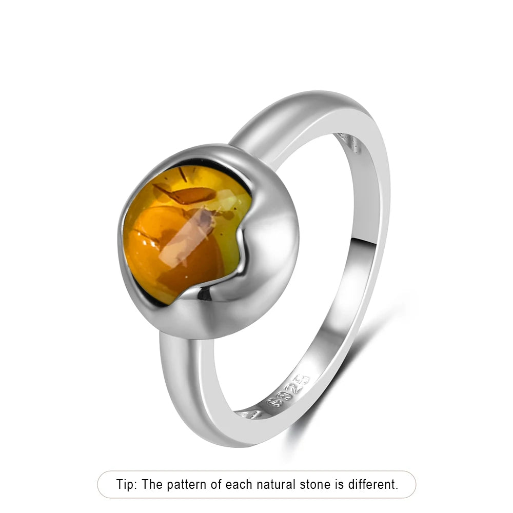 Bague Fleur Vintage Argent Sterling 925 & Pierre d'Ambre Naturelle — Tailles 6 à 10