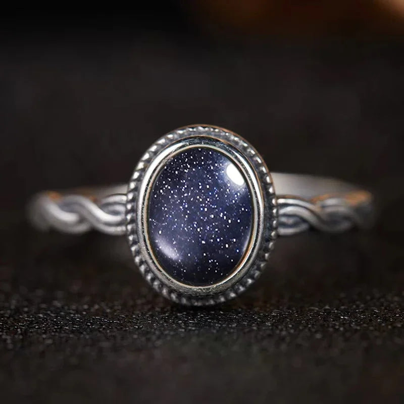 Bague Argent 925 Pierre de Lune Naturelle & Onyx — Vintage Torsadée Thaïe — Tailles 6 à 10