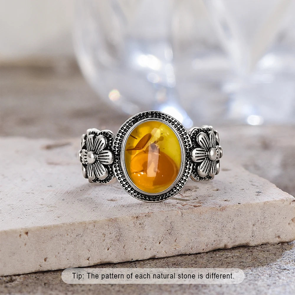 Bague Fleur Vintage Argent Sterling 925 & Pierre d'Ambre Naturelle — Tailles 6 à 10