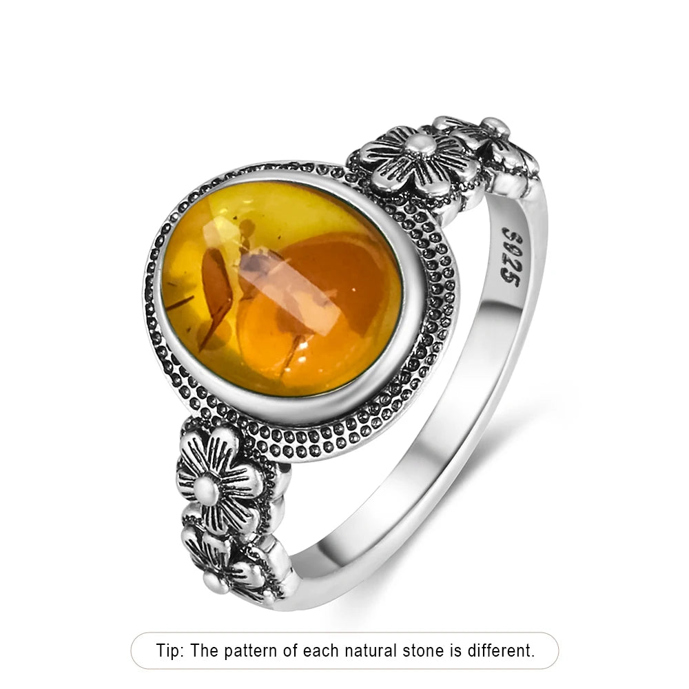 Bague Fleur Vintage Argent Sterling 925 & Pierre d'Ambre Naturelle — Tailles 6 à 10