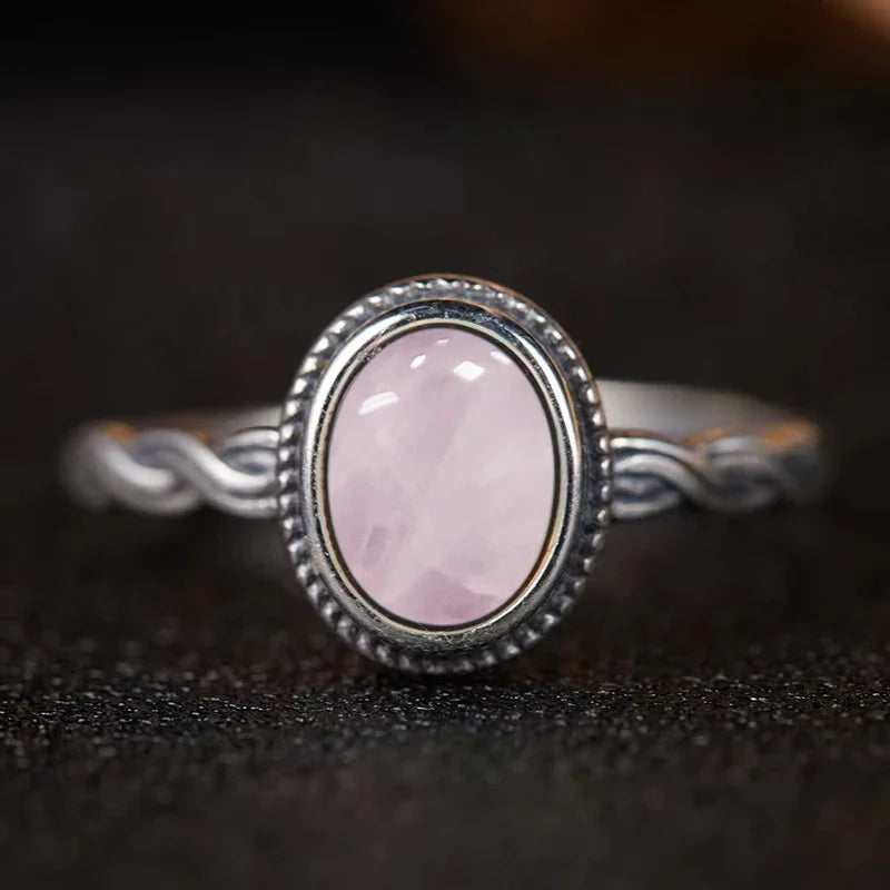 Bague Argent 925 Pierre de Lune Naturelle & Onyx — Vintage Torsadée Thaïe — Tailles 6 à 10