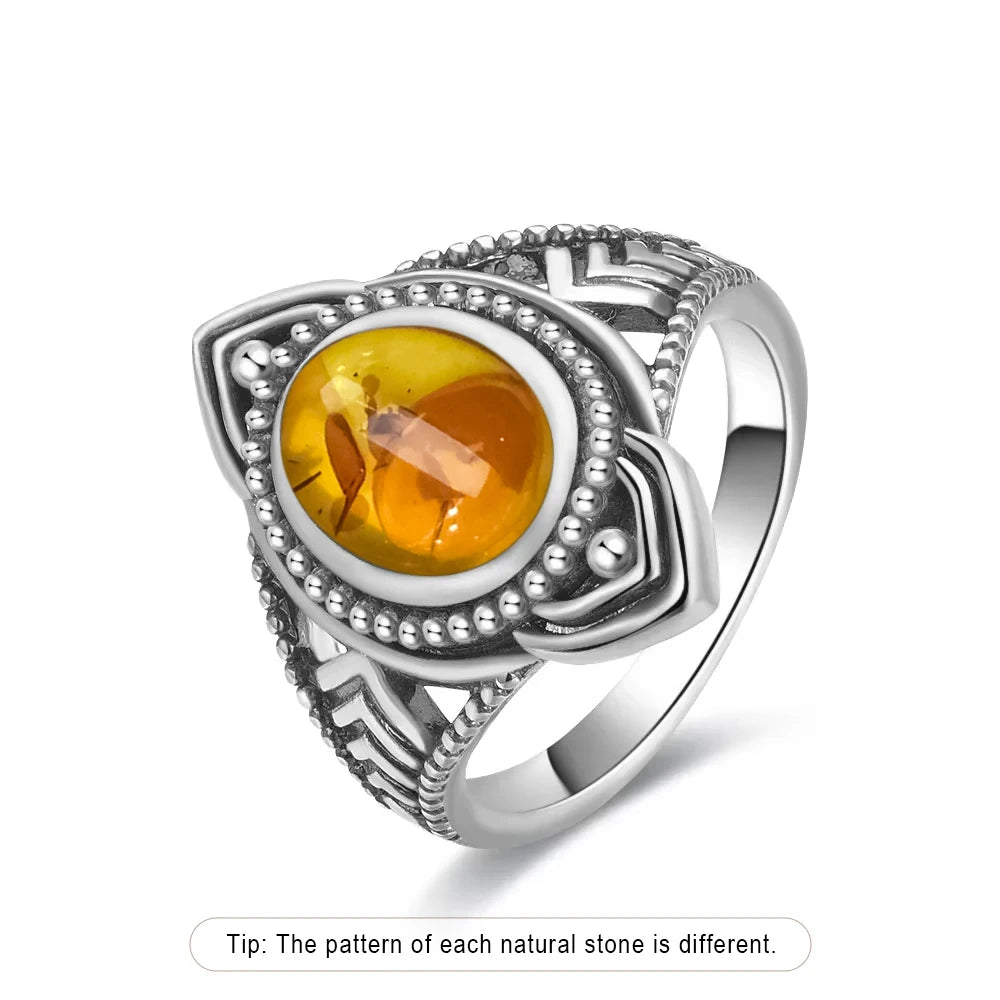 Bague Fleur Vintage Argent Sterling 925 & Pierre d'Ambre Naturelle — Tailles 6 à 10