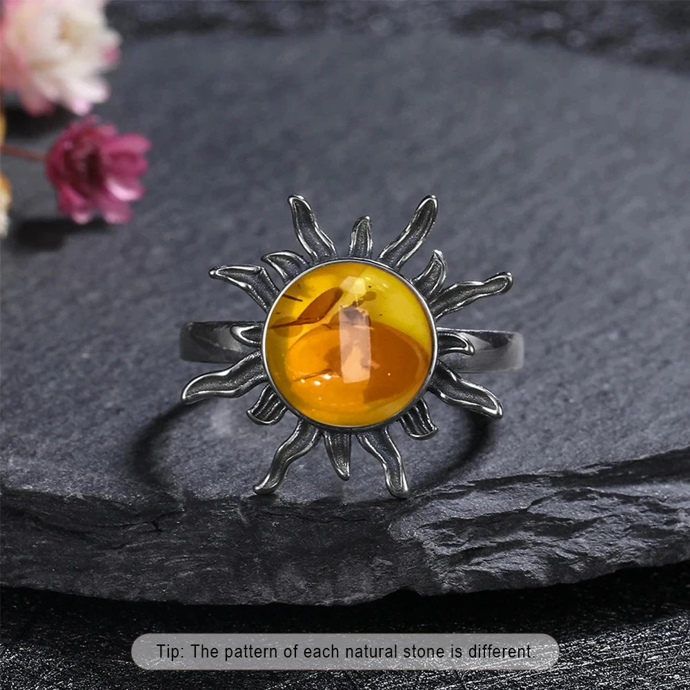 Bague Fleur Vintage Argent Sterling 925 & Pierre d'Ambre Naturelle — Tailles 6 à 10