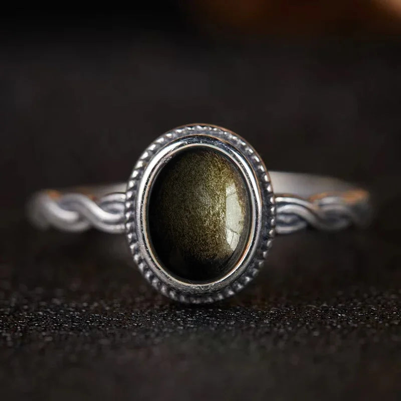 Bague Argent 925 Pierre de Lune Naturelle & Onyx — Vintage Torsadée Thaïe — Tailles 6 à 10