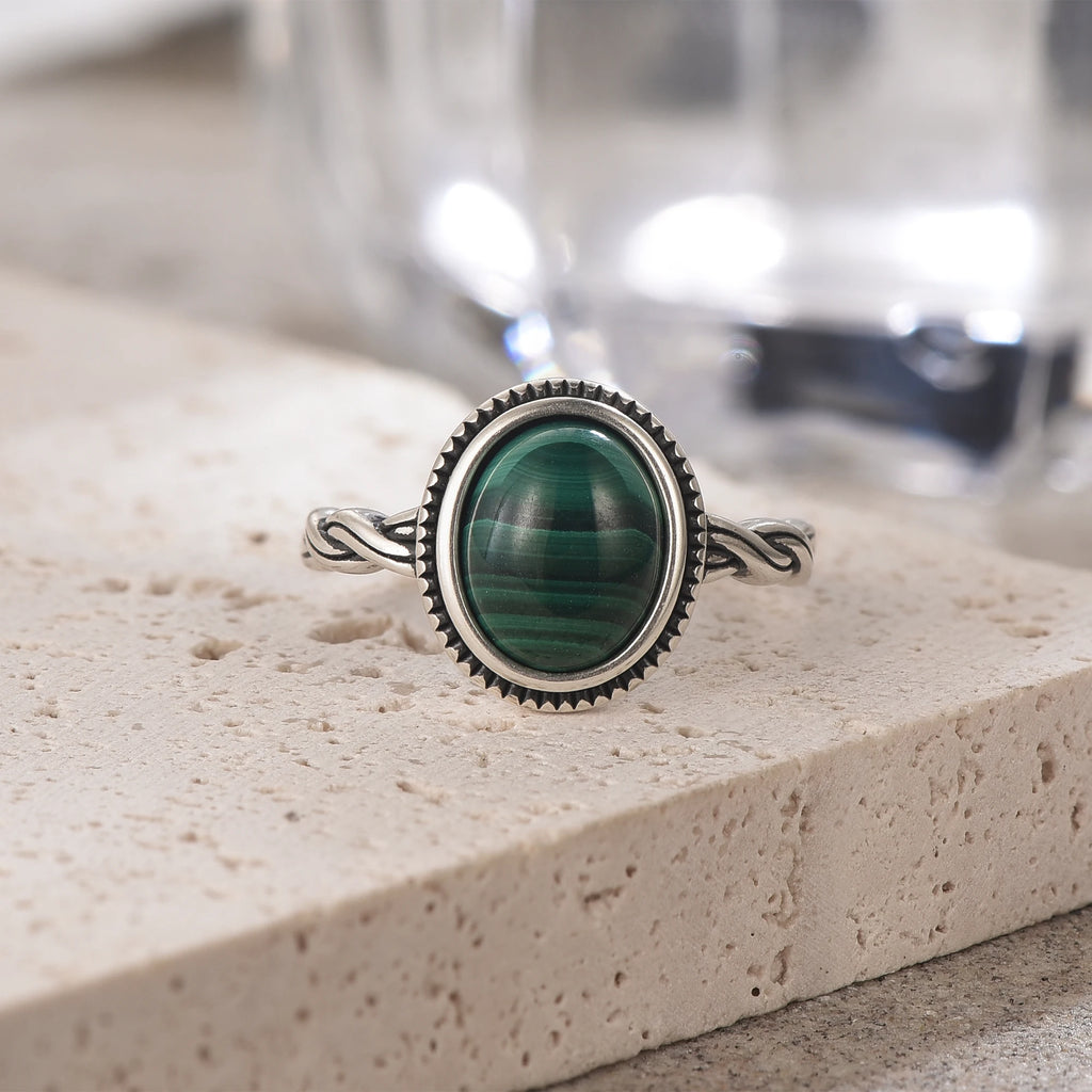 Bague Argent 925 Pierre de Lune Naturelle & Onyx — Vintage Torsadée Thaïe — Tailles 6 à 10