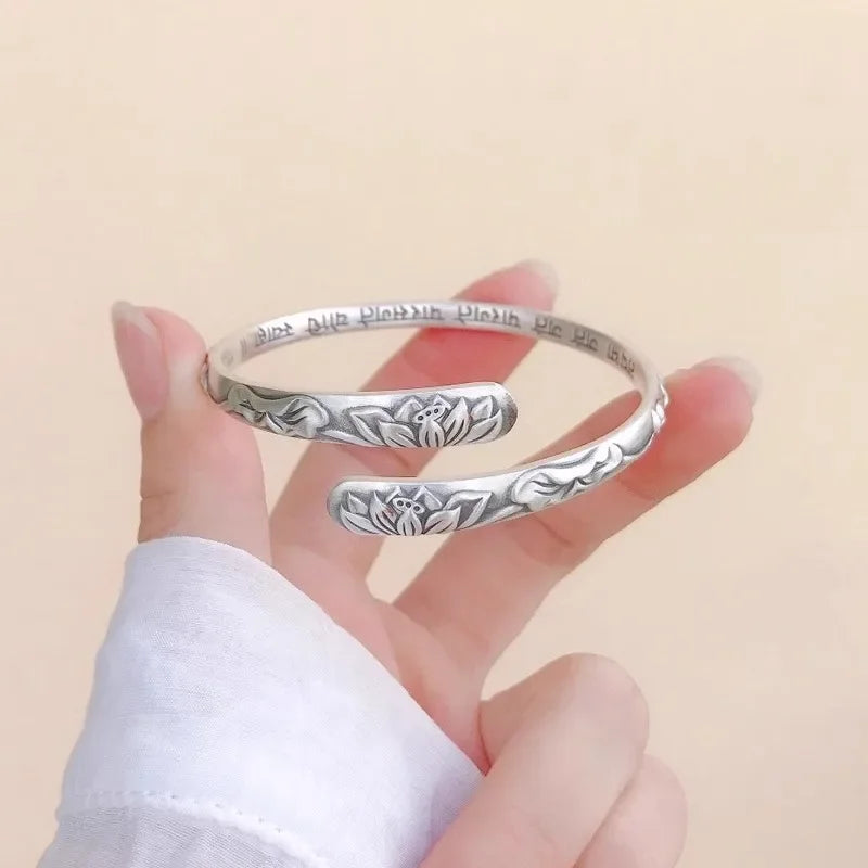 Bracelet Manchette Lotus Argent 925 Thaï — Vintage Ajustable — Fleur & Gravures