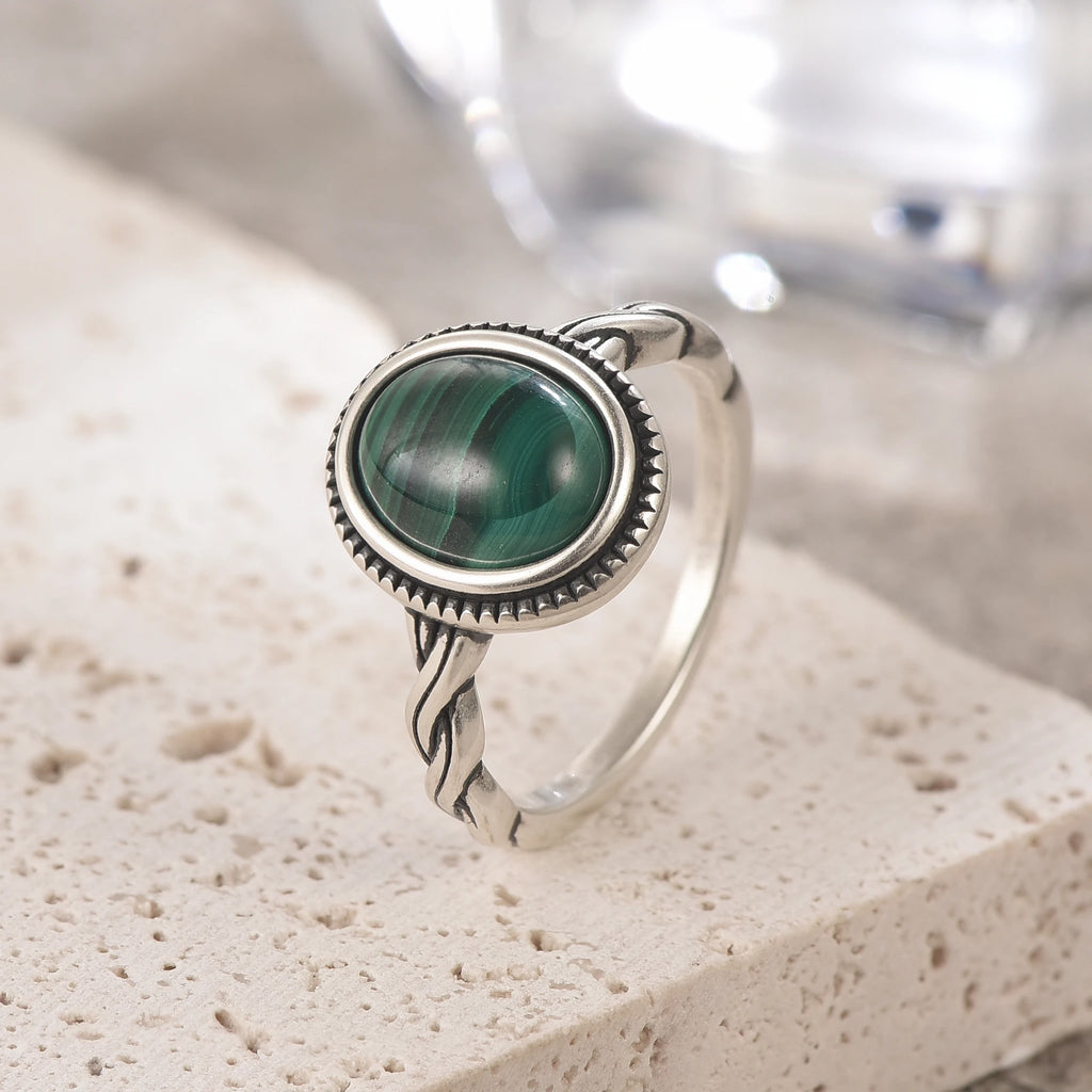 Bague Argent 925 Pierre de Lune Naturelle & Onyx — Vintage Torsadée Thaïe — Tailles 6 à 10