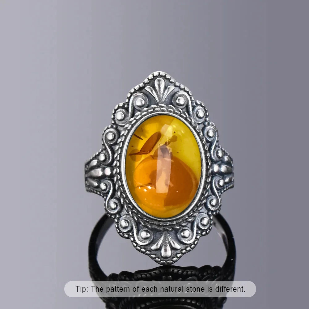 Bague Fleur Vintage Argent Sterling 925 & Pierre d'Ambre Naturelle — Tailles 6 à 10