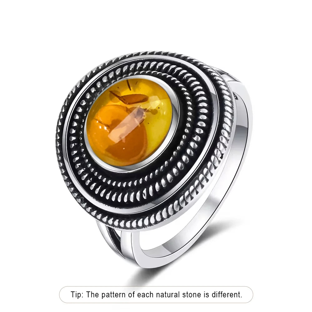 Bague Fleur Vintage Argent Sterling 925 & Pierre d'Ambre Naturelle — Tailles 6 à 10
