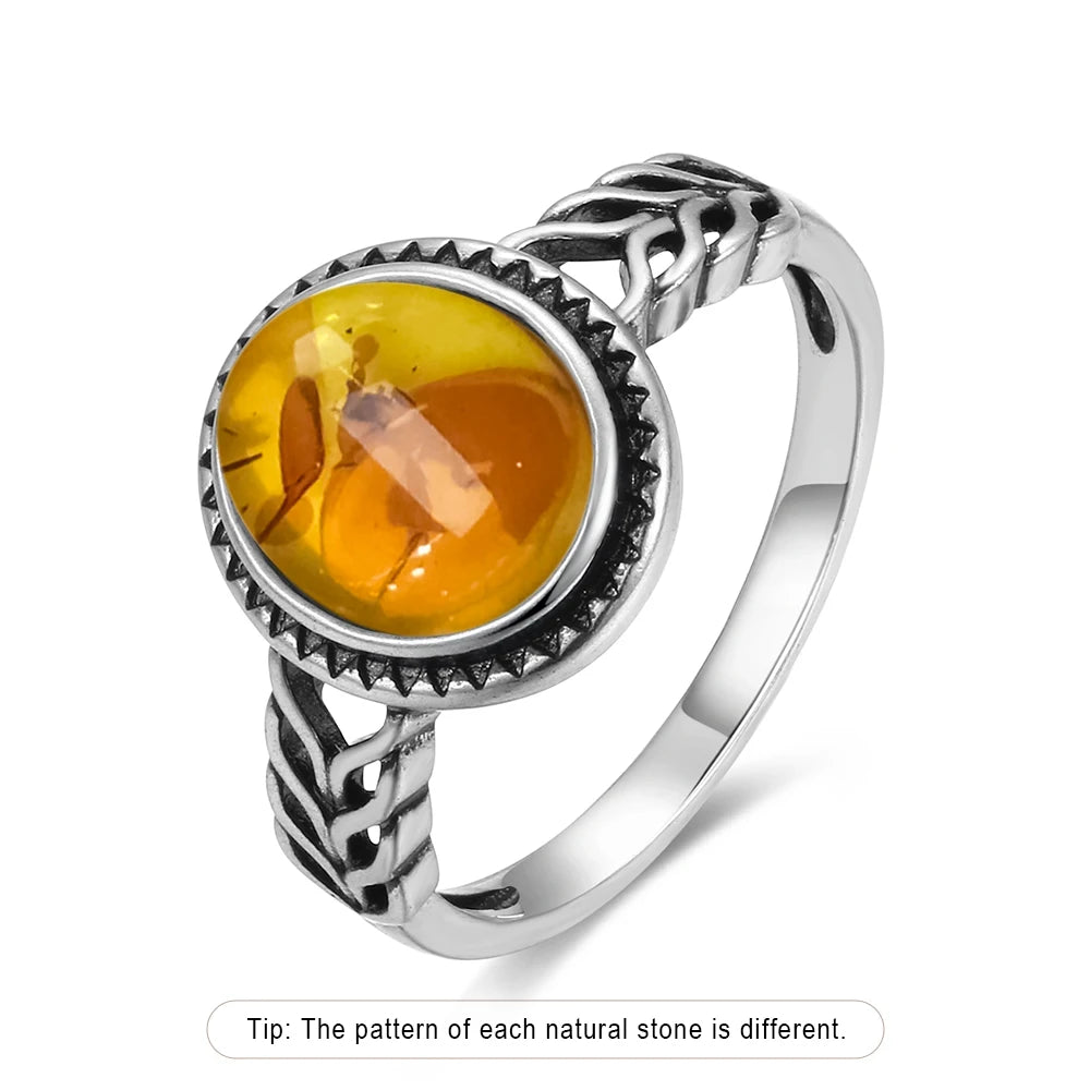 Bague Fleur Vintage Argent Sterling 925 & Pierre d'Ambre Naturelle — Tailles 6 à 10