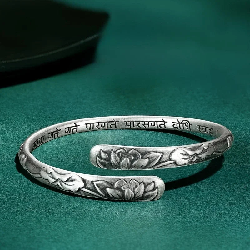 Bracelet Manchette Lotus Argent 925 Thaï — Vintage Ajustable — Fleur & Gravures