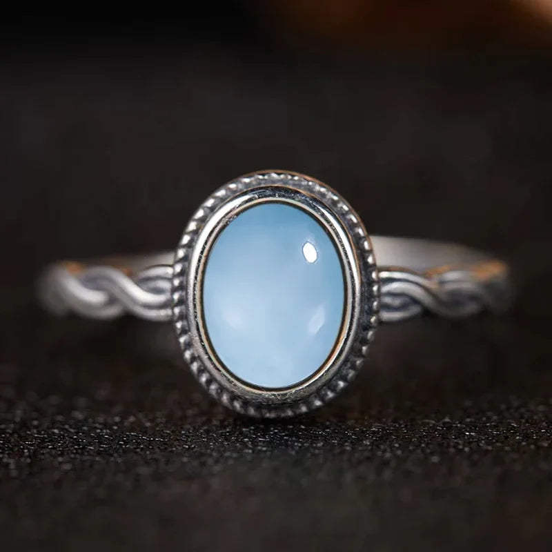 Bague Argent 925 Pierre de Lune Naturelle & Onyx — Vintage Torsadée Thaïe — Tailles 6 à 10