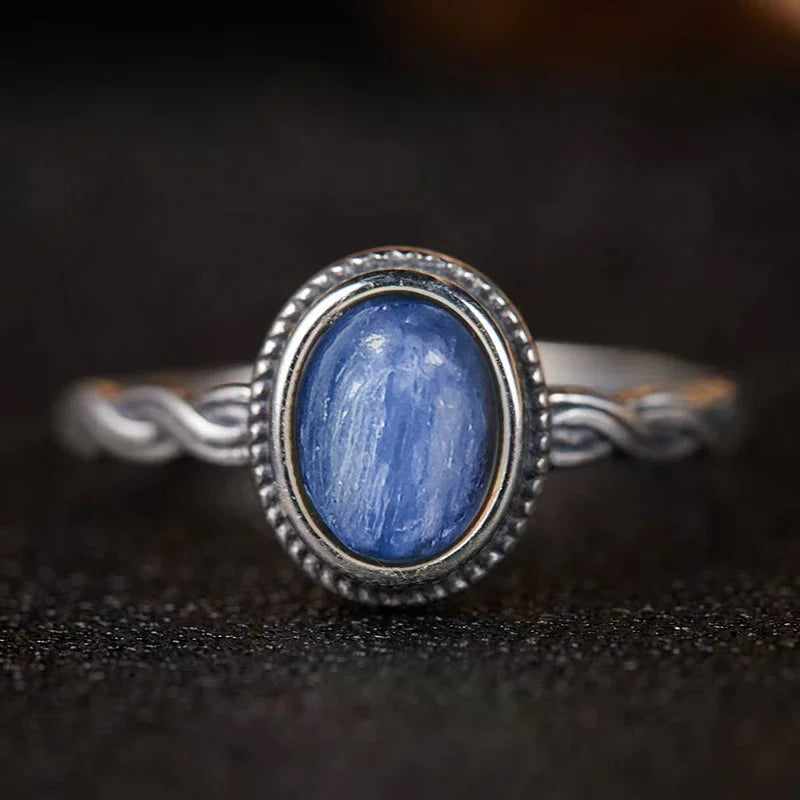 Bague Argent 925 Pierre de Lune Naturelle & Onyx — Vintage Torsadée Thaïe — Tailles 6 à 10