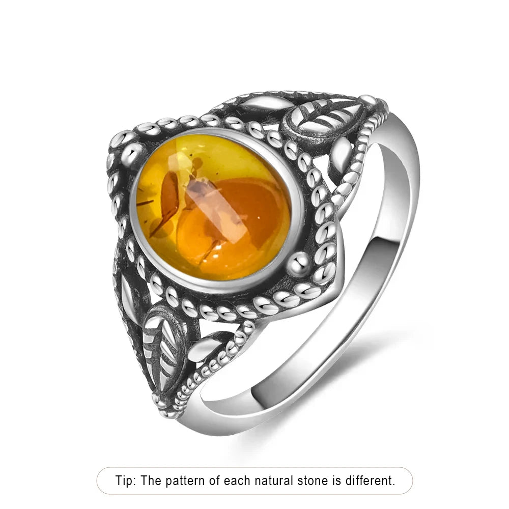 Bague Fleur Vintage Argent Sterling 925 & Pierre d'Ambre Naturelle — Tailles 6 à 10