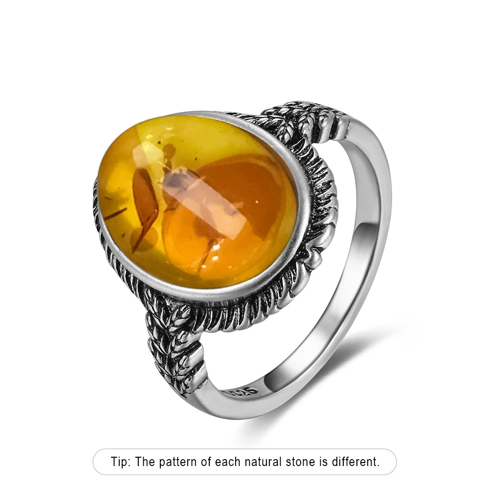 Bague Fleur Vintage Argent Sterling 925 & Pierre d'Ambre Naturelle — Tailles 6 à 10