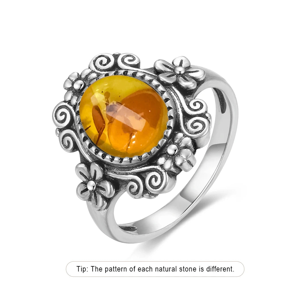 Bague Fleur Vintage Argent Sterling 925 & Pierre d'Ambre Naturelle — Tailles 6 à 10