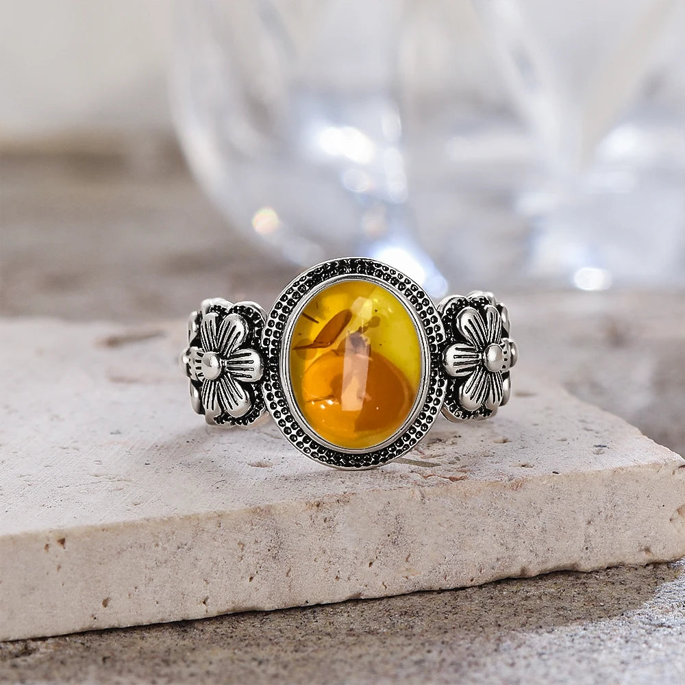 Bague Fleur Vintage Argent Sterling 925 & Pierre d'Ambre Naturelle — Tailles 6 à 10