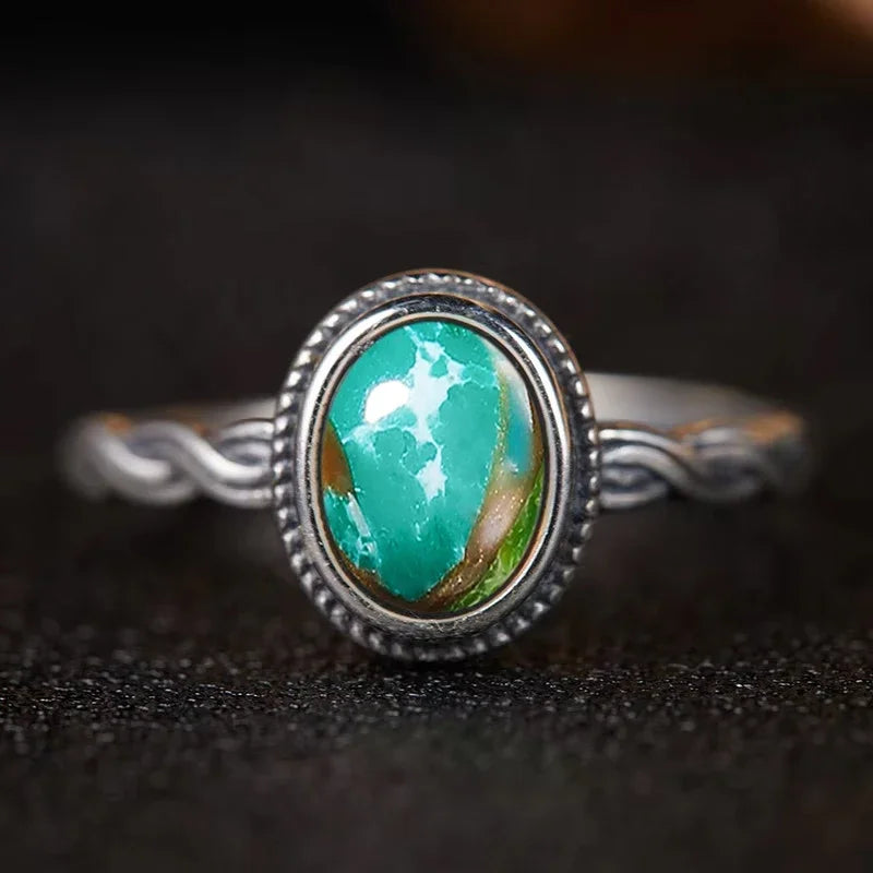 Bague Argent 925 Pierre de Lune Naturelle & Onyx — Vintage Torsadée Thaïe — Tailles 6 à 10