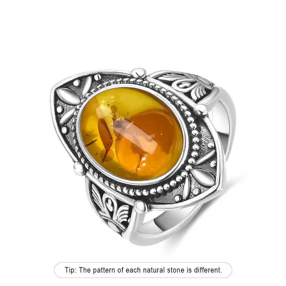 Bague Fleur Vintage Argent Sterling 925 & Pierre d'Ambre Naturelle — Tailles 6 à 10