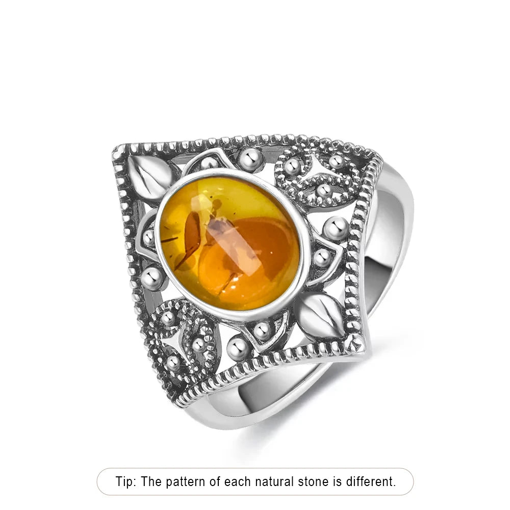 Bague Fleur Vintage Argent Sterling 925 & Pierre d'Ambre Naturelle — Tailles 6 à 10