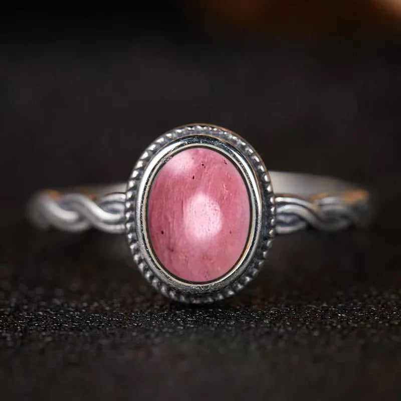 Bague Argent 925 Pierre de Lune Naturelle & Onyx — Vintage Torsadée Thaïe — Tailles 6 à 10