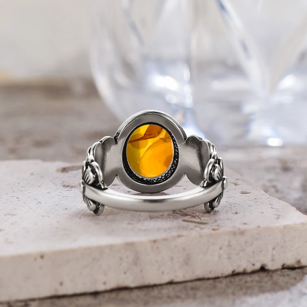 Bague Fleur Vintage Argent Sterling 925 & Pierre d'Ambre Naturelle — Tailles 6 à 10