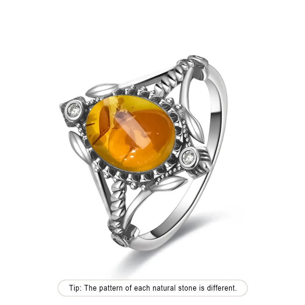 Bague Fleur Vintage Argent Sterling 925 & Pierre d'Ambre Naturelle — Tailles 6 à 10