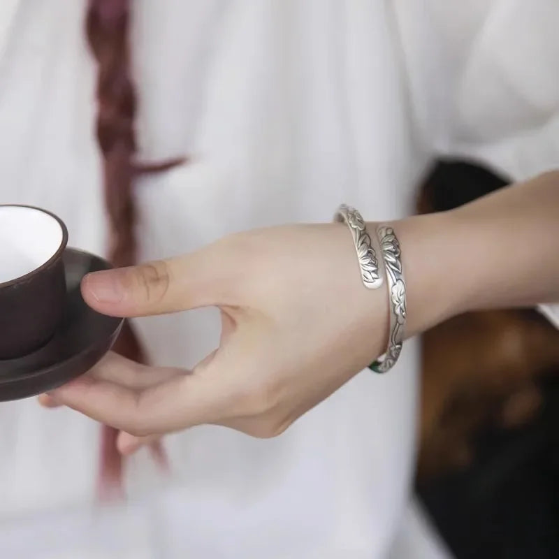 Bracelet Manchette Lotus Argent 925 Thaï — Vintage Ajustable — Fleur & Gravures