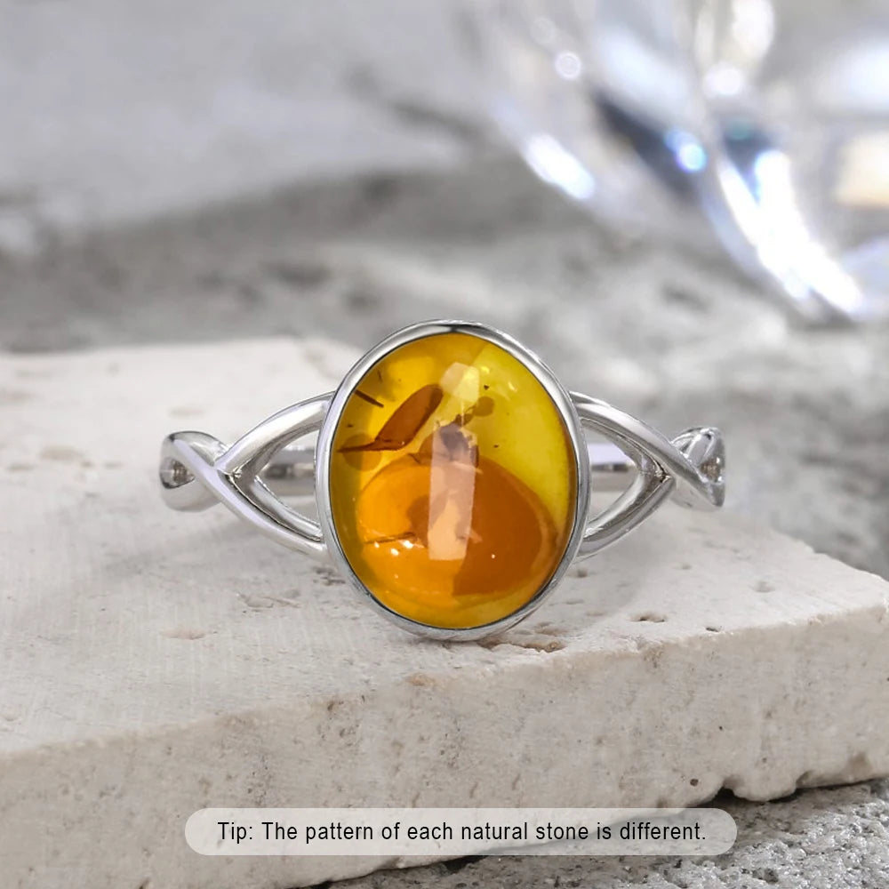 Bague Fleur Vintage Argent Sterling 925 & Pierre d'Ambre Naturelle — Tailles 6 à 10