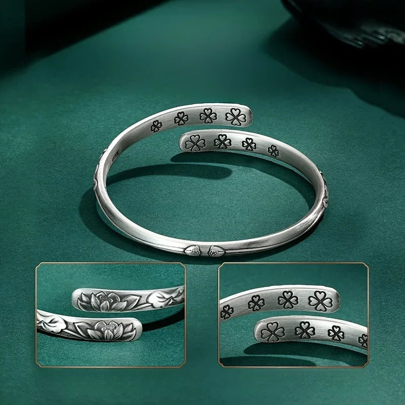 Bracelet Manchette Lotus Argent 925 Thaï — Vintage Ajustable — Fleur & Gravures