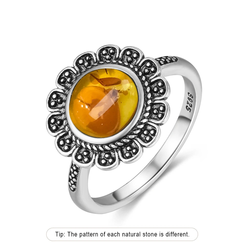 Bague Fleur Vintage Argent Sterling 925 & Pierre d'Ambre Naturelle — Tailles 6 à 10