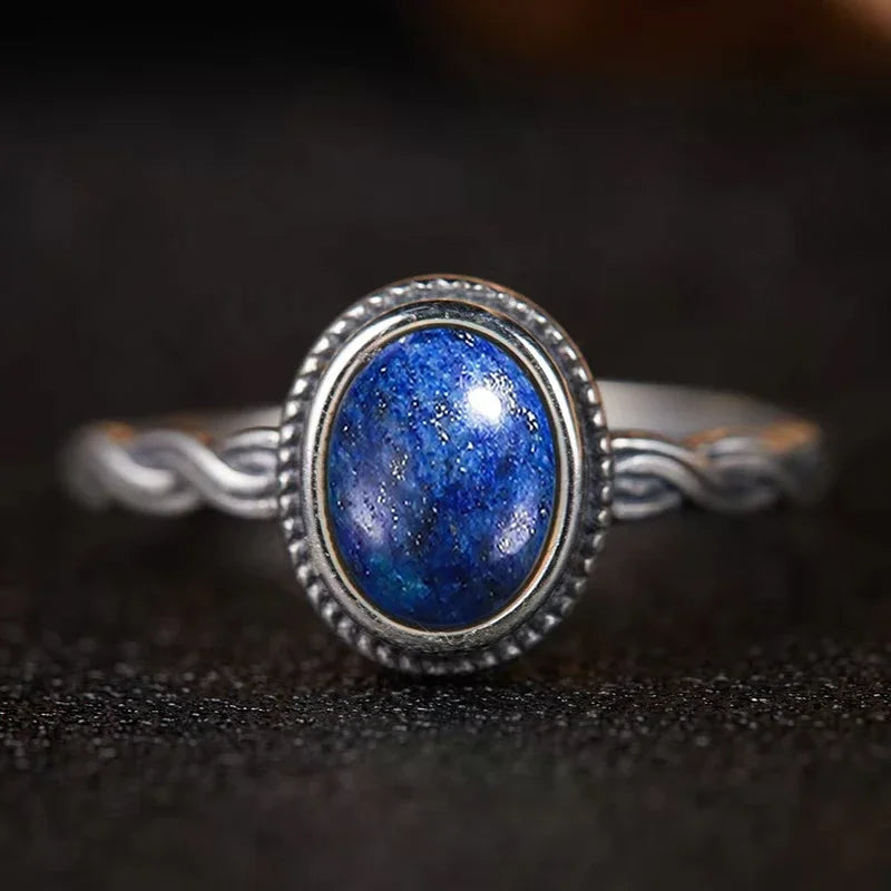 Bague Argent 925 Pierre de Lune Naturelle & Onyx — Vintage Torsadée Thaïe — Tailles 6 à 10